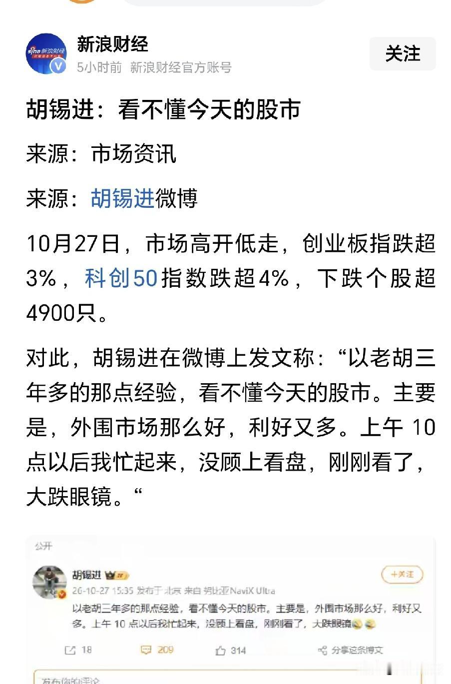 炒股没赢过，吵架没输过
胡锡进谈股市，他坦言不懂今天的股市，她觉得股市今天跌那么