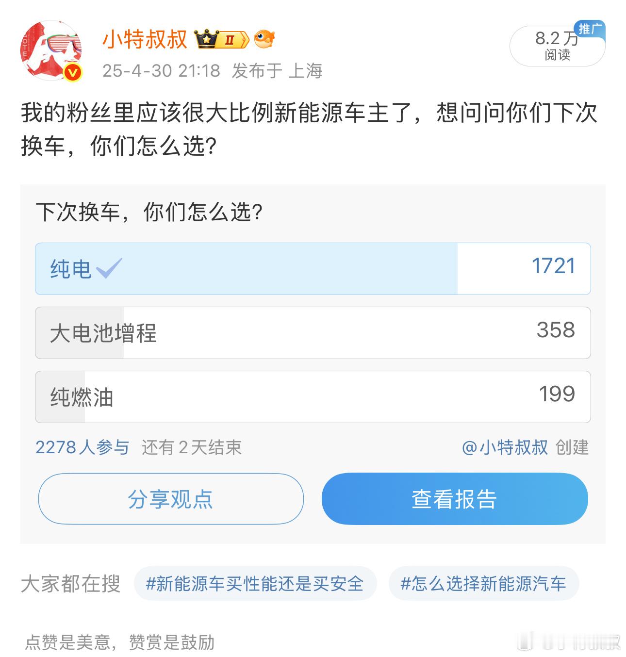 昨晚我发起了一个投票，结果显示：在我的粉丝中，下次换车选择纯电的比例已经高达75