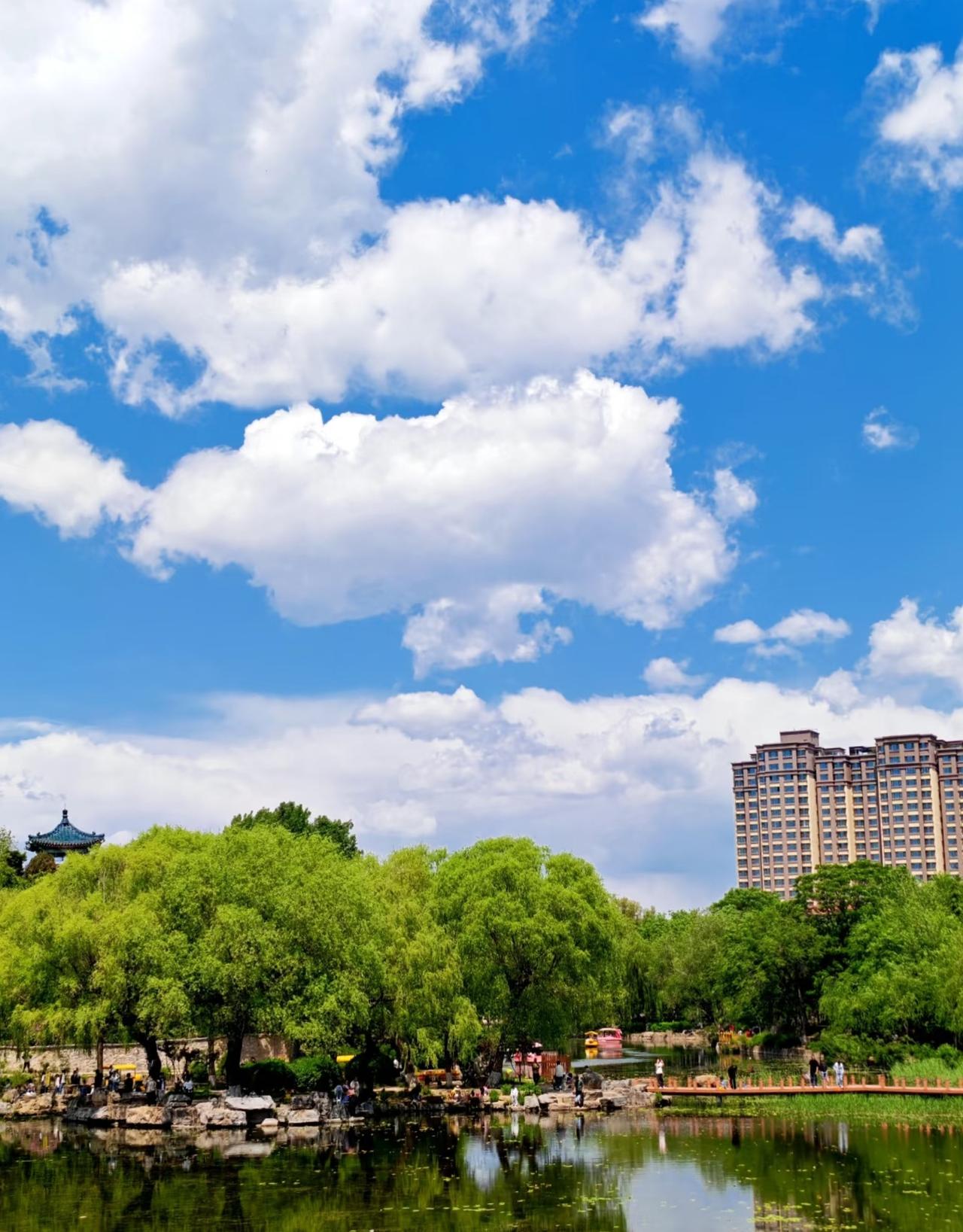 晴空澄澈，白云悠然飘荡。远处楼宇静静伫立，葱郁绿树错落相拥，蓝天、白云、建筑与绿