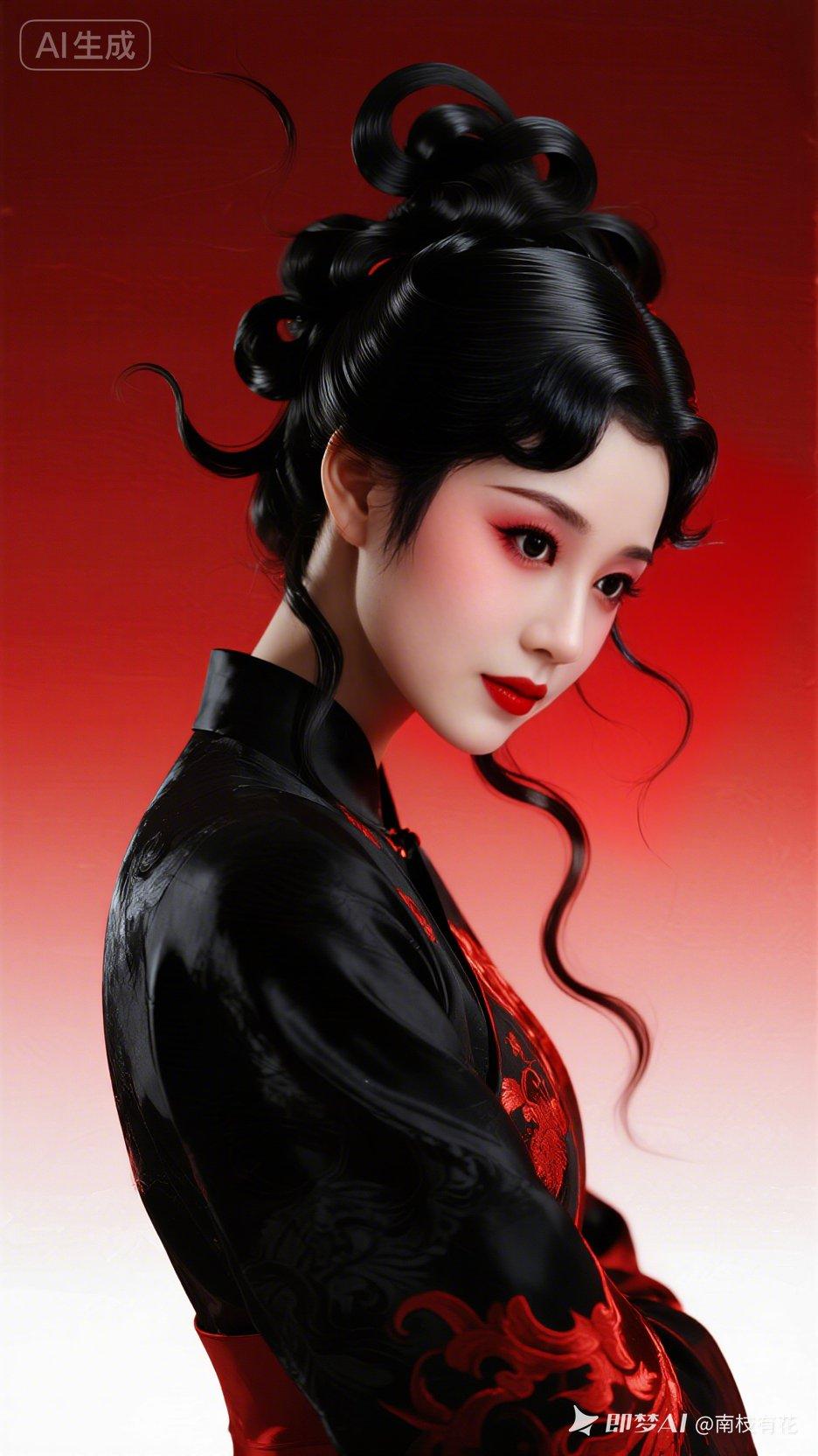 暗红深邃背景中，东方神秘黑衣女子，自带疏离氛围感。融合戏曲元素与渐变色彩叙事，线