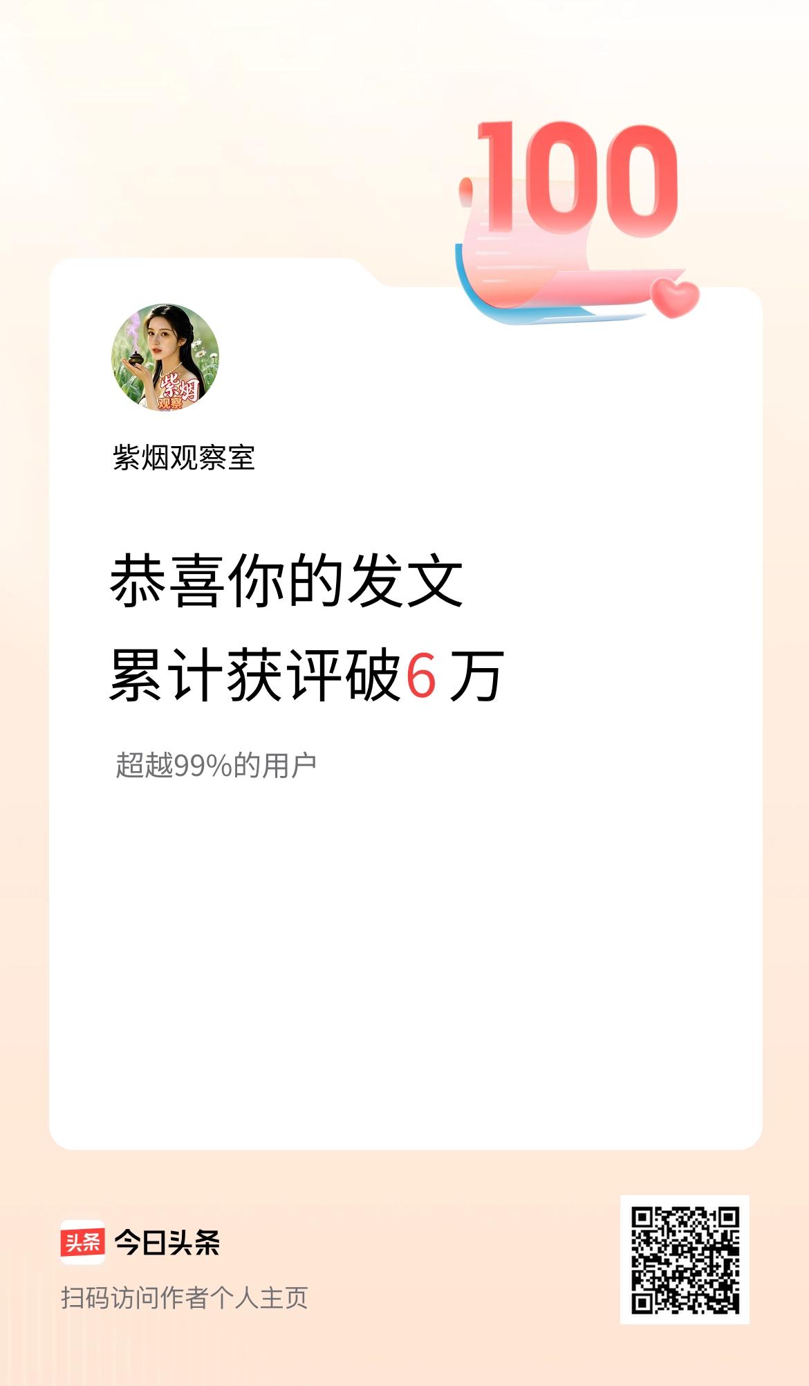 我在头条累计获评论量破6万啦！再谢大家的支持和评论。[作揖][大笑][给力]