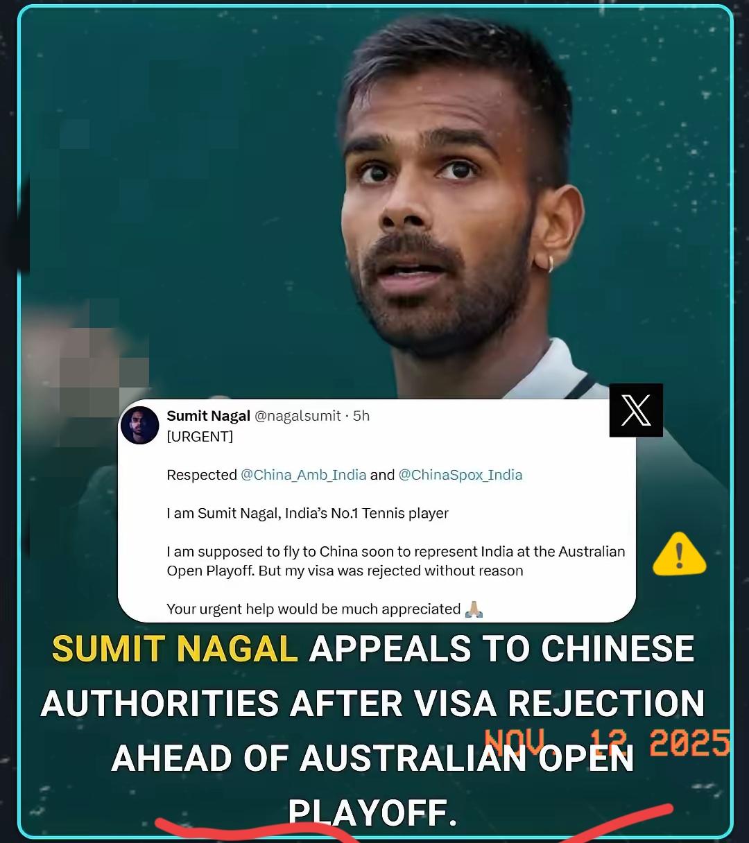 印度网球选手苏米特·纳加尔被中国拒签。他目前世界排名273名，原计划参加澳网附加