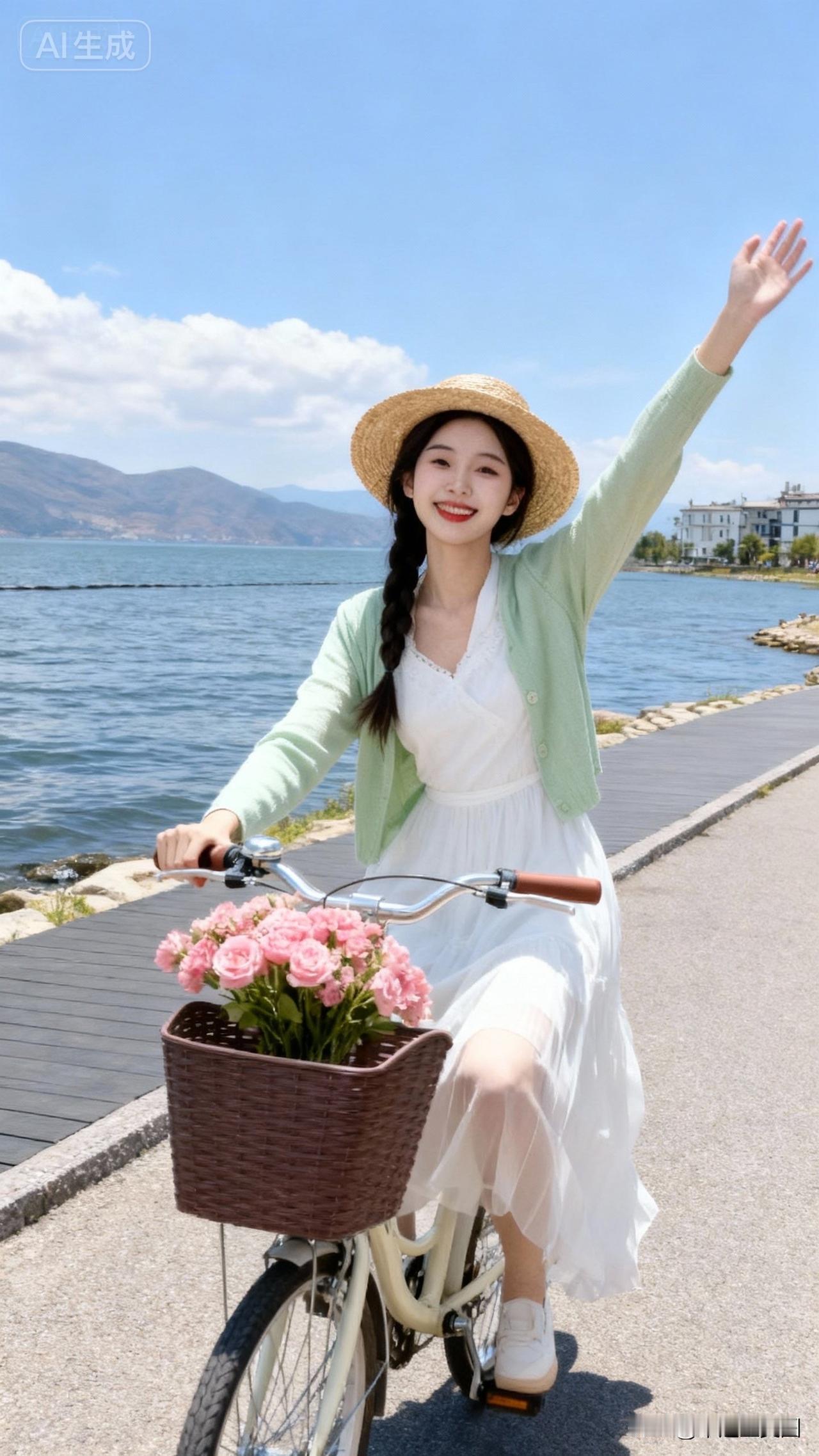 夏日骑行的浪漫时光，微笑迎接美好一天！🌞🚴‍♀️💐