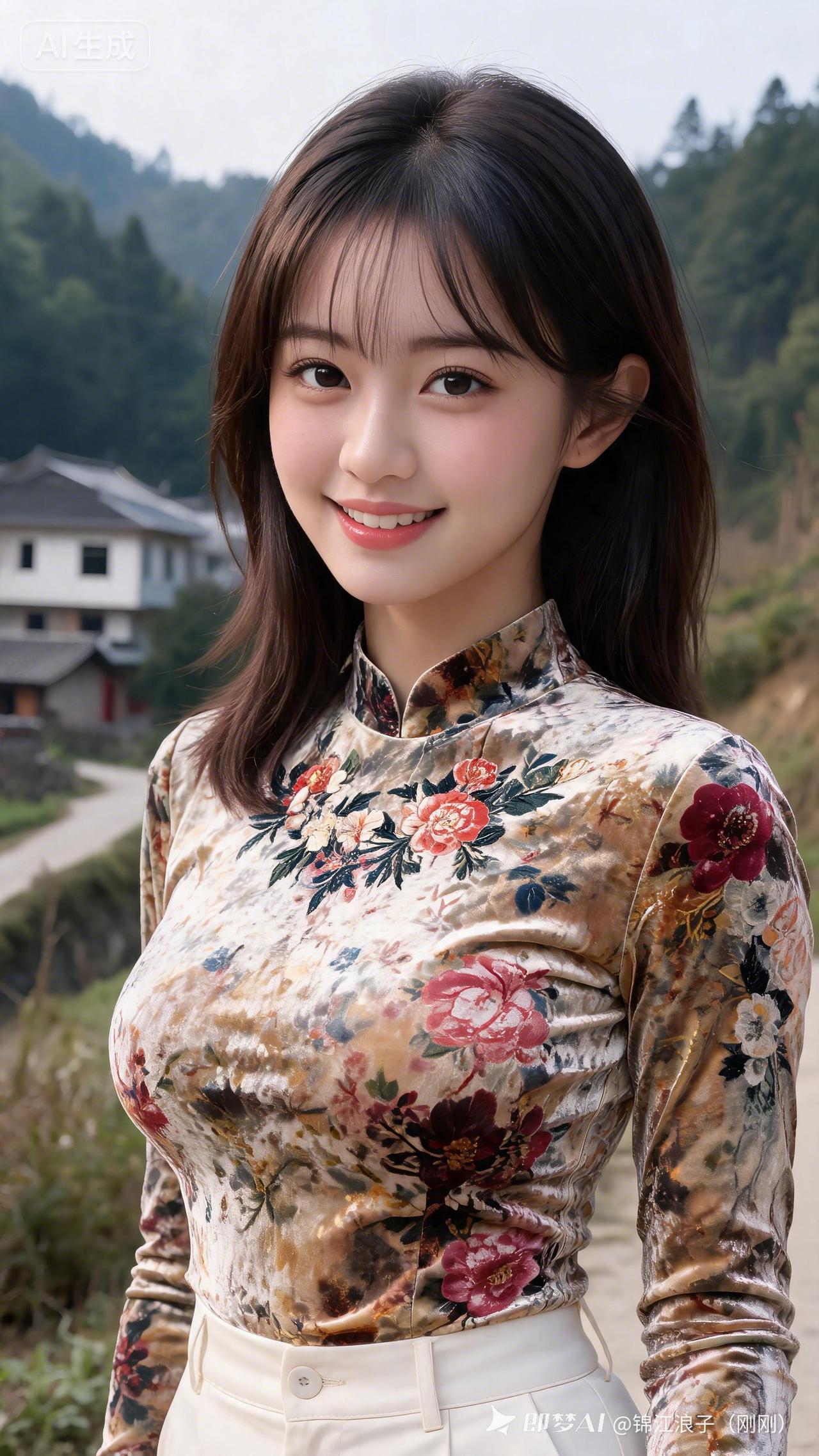 这位美女在乡村背景前微笑。