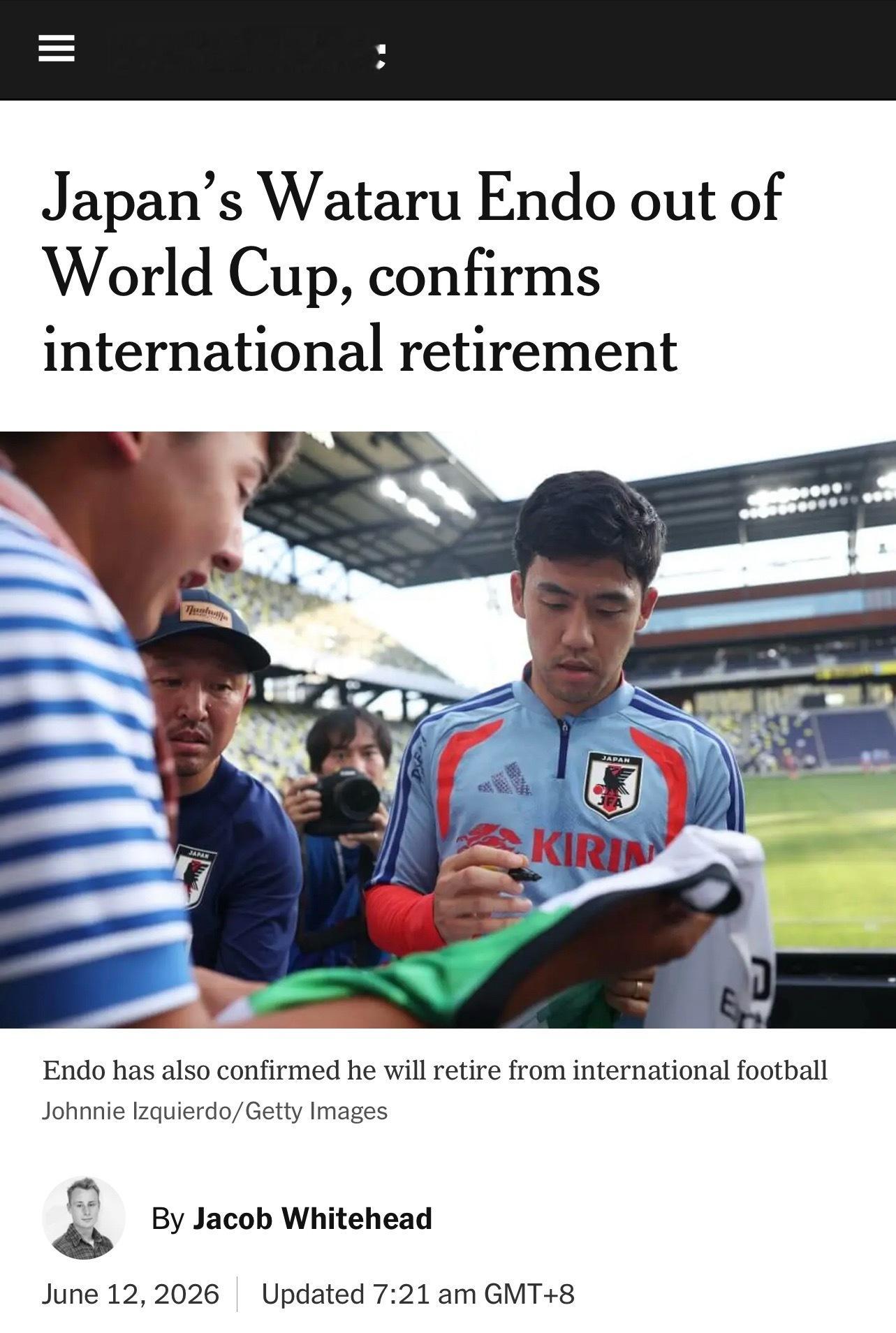 【远藤航因伤退出世界杯，并宣布退出日本队】日本队队长远藤航因脚踝伤势恢复不理想，