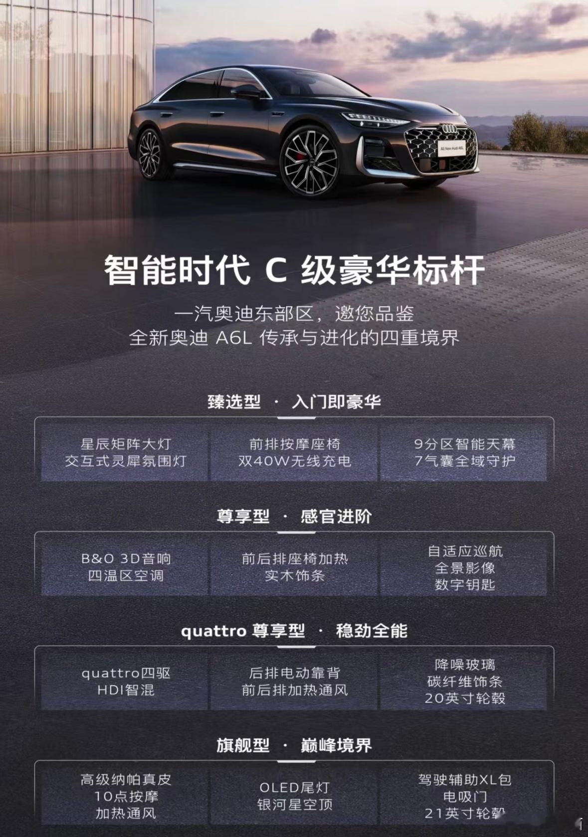 四代奥迪A6L，从C6到C9，四世同堂。我觉得C8最经典，有那种大气磅礴的感觉，