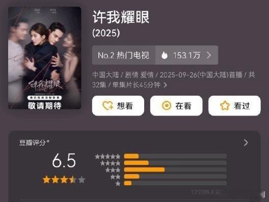 赵露思、陈伟霆主演的《许我耀眼》豆瓣开分6.5，感觉低了哎，7.5分没问题[拜托