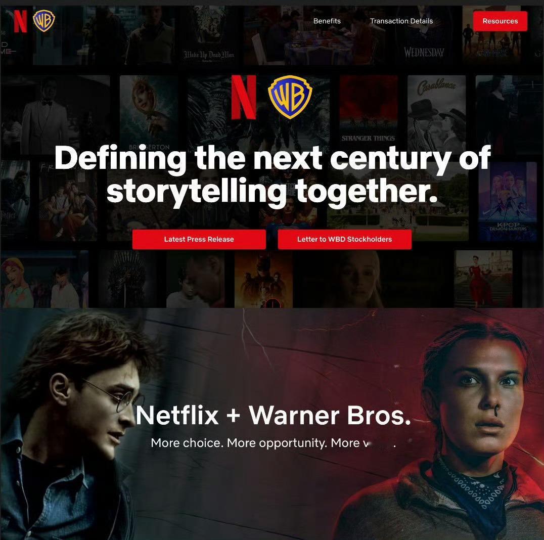 Netflix为了推动尽快与华纳合并，他们上线了一个网站叫：“网飞华纳在一起”。