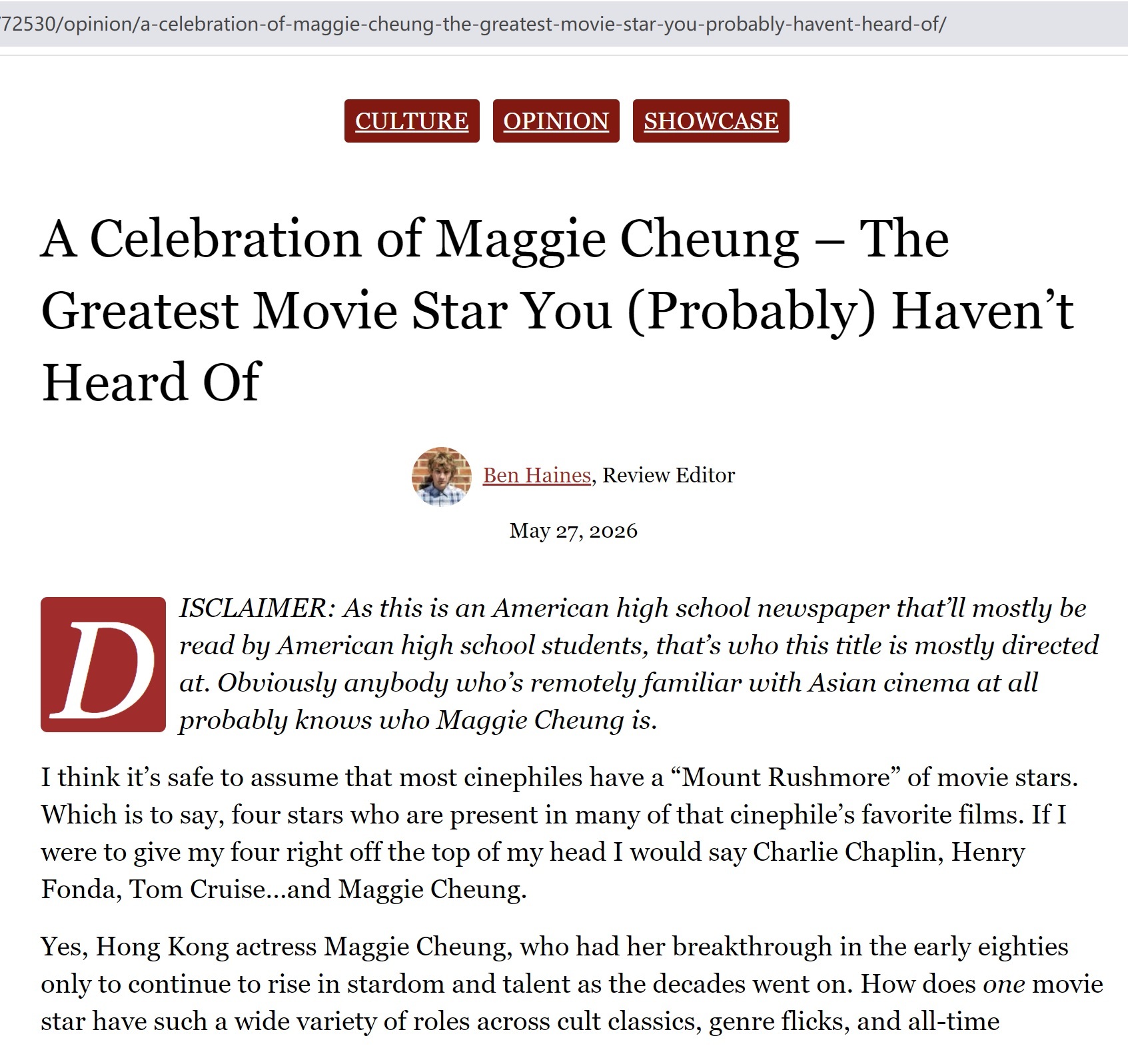 最近美国著名的学生新闻媒体The Little Hawk刊发一篇张曼玉演艺生涯科