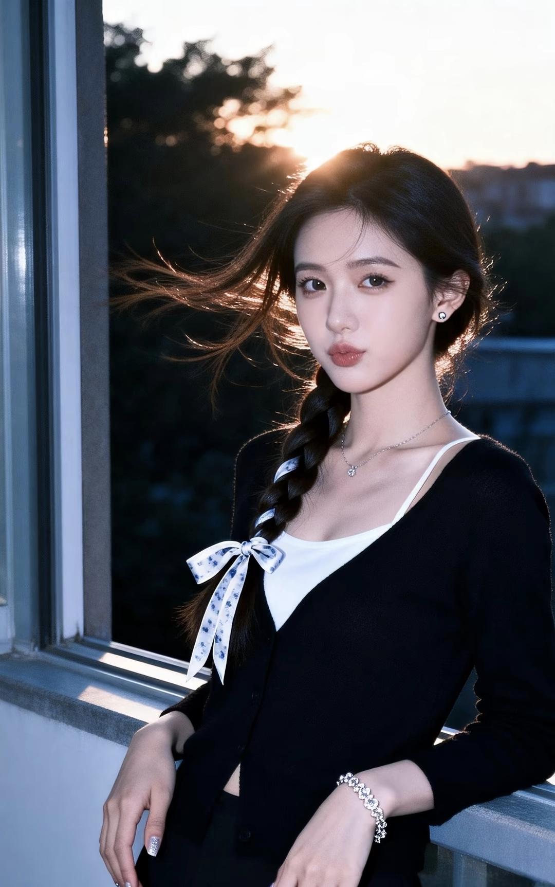 这姑娘靠窗看着夕阳，好美啊！黄昏漫步女神 侧倚美女