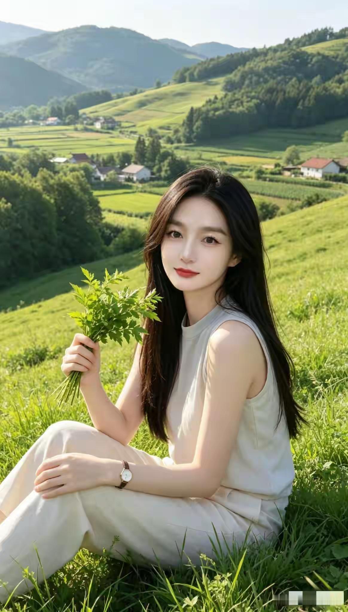 阳光下的田园少女，手捧绿植，享受美好时光。🌿🌞