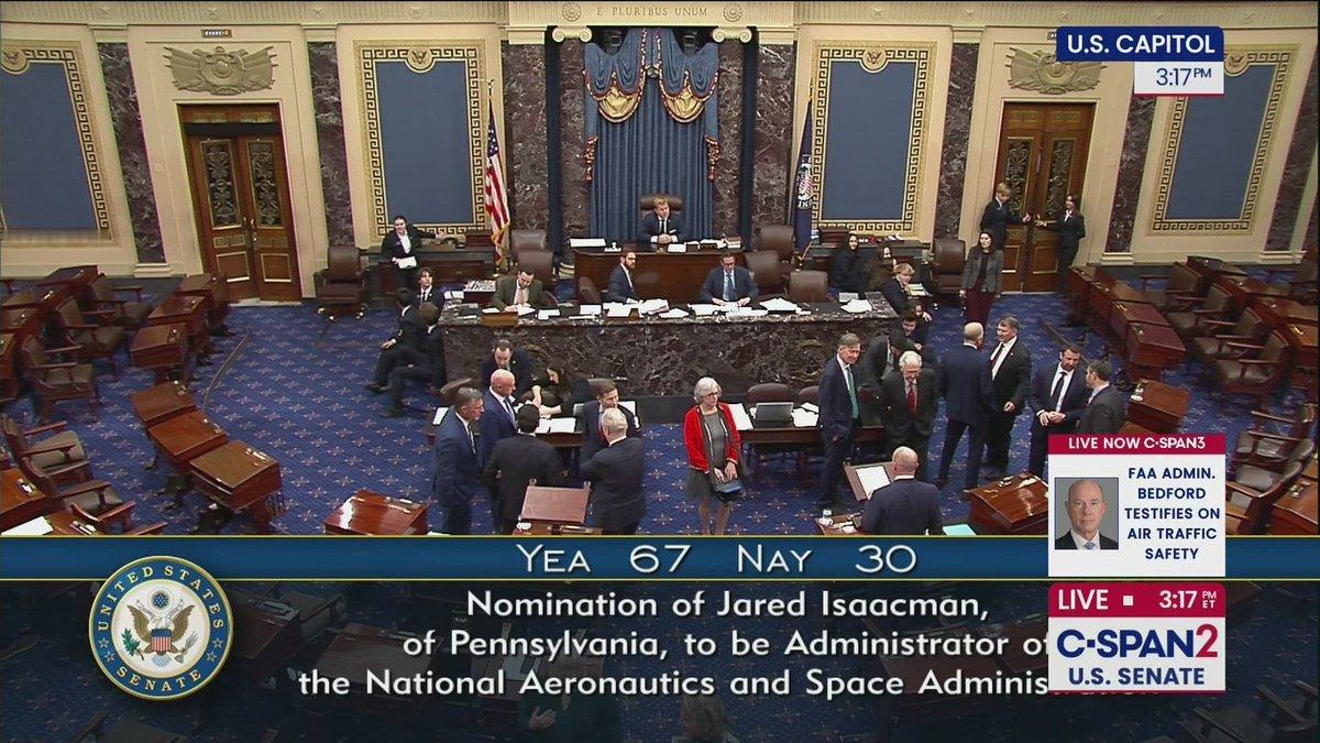 🔻C-SPAN报道：美国参议院以 67 票赞成、30 票反对，确认贾里德·艾萨