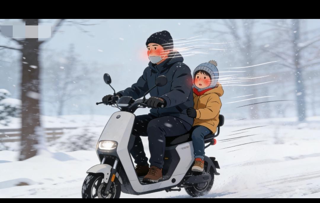 三九天骑电车送娃！
没戴口罩帽子，
才算懂啥叫寒风刺骨
 
今早骑电动车送儿子上