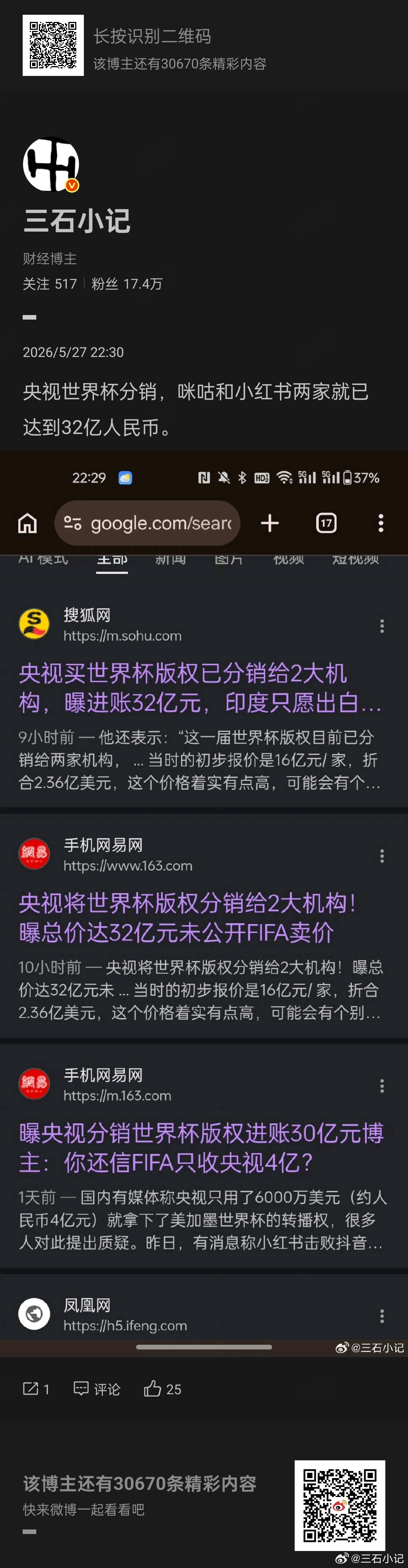 网上宣传央视拿到世界杯转播权是6000万美元，一下子民情激愤又赢麻了。之后传出给