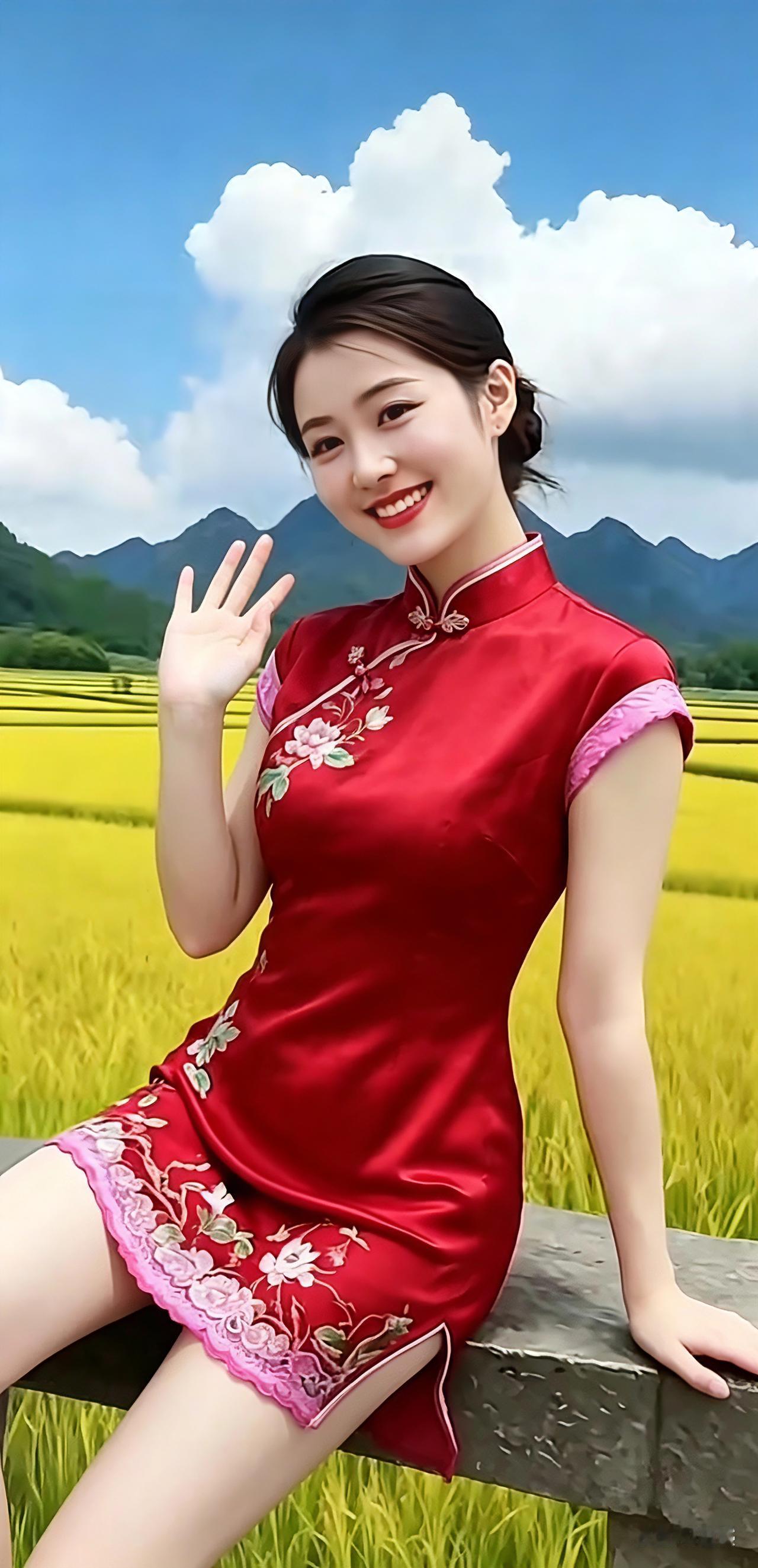 这位姑娘在田埂旁笑着招手。凑了八句打油诗，邀大伙品评。
万里晴空衬远山，
金黄稻