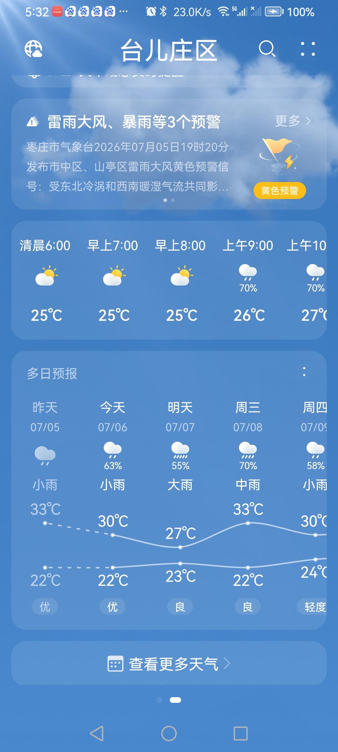 “7.6”星期—，天气预报“小雨”☔️。气温22—30。