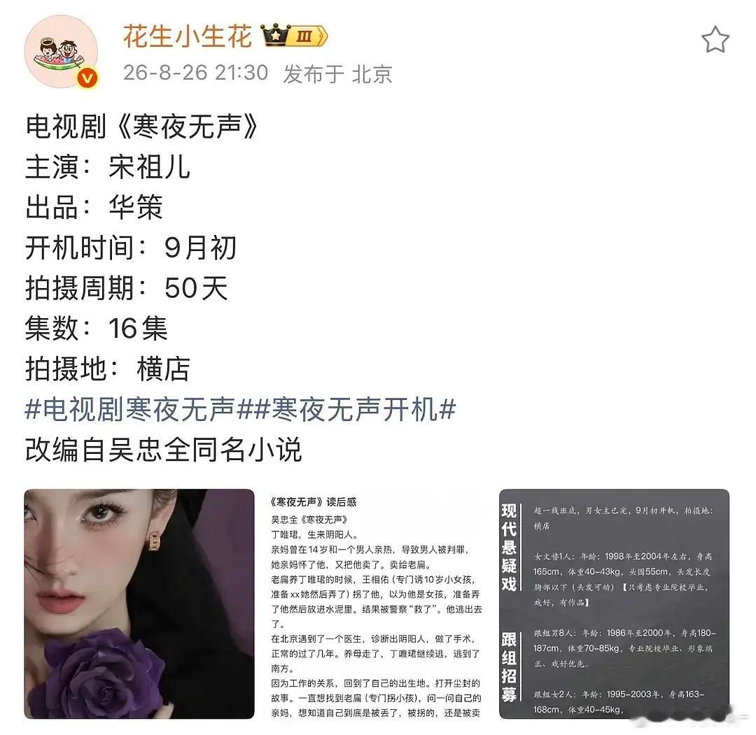 悬疑剧《寒夜无声》主演：宋祖儿、张哲华 九月初开机 ​​​