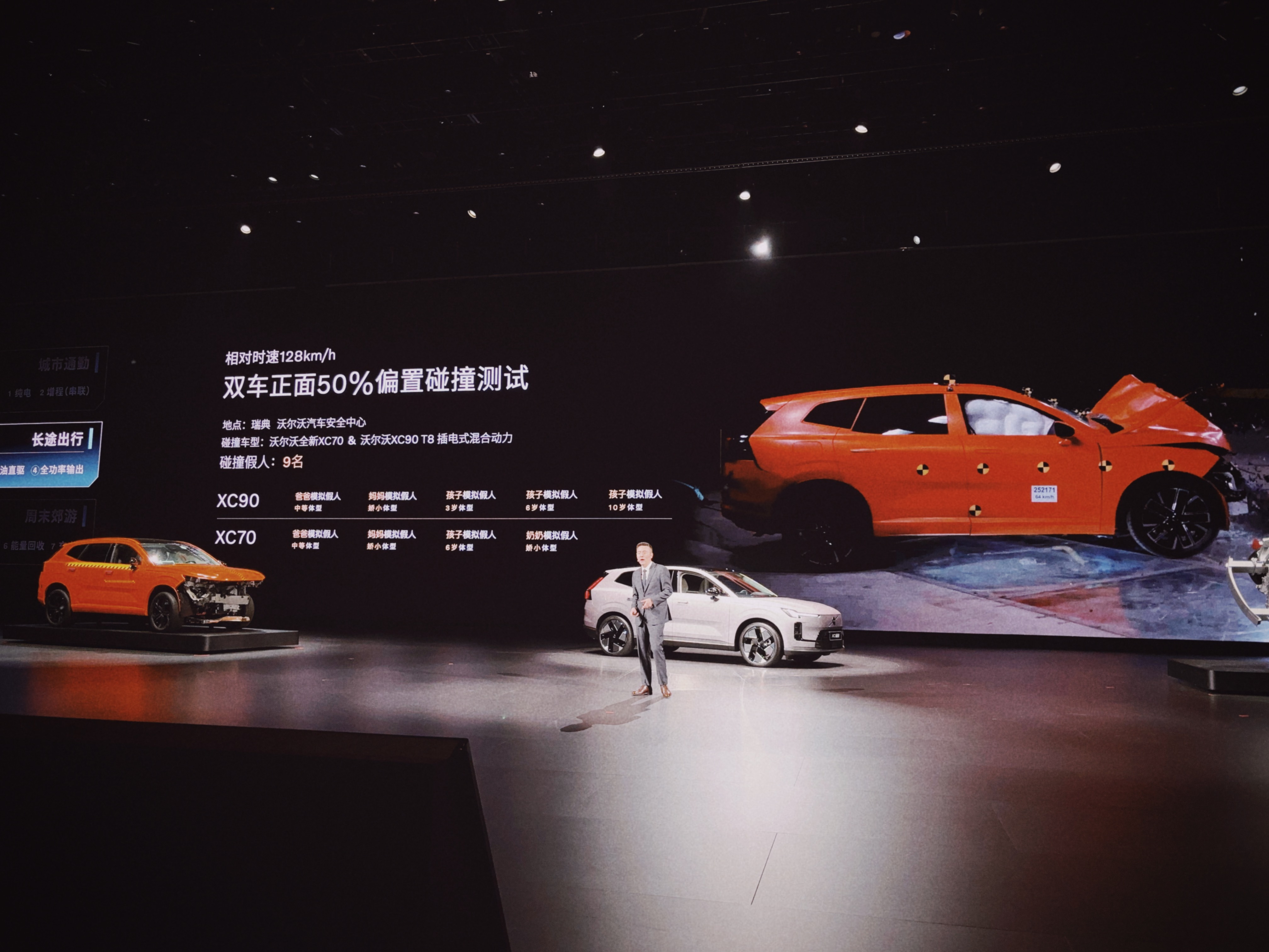 XC70撞XC90，相对时速128km/h，正面50%偏置碰撞，这有点狠的。沃尔