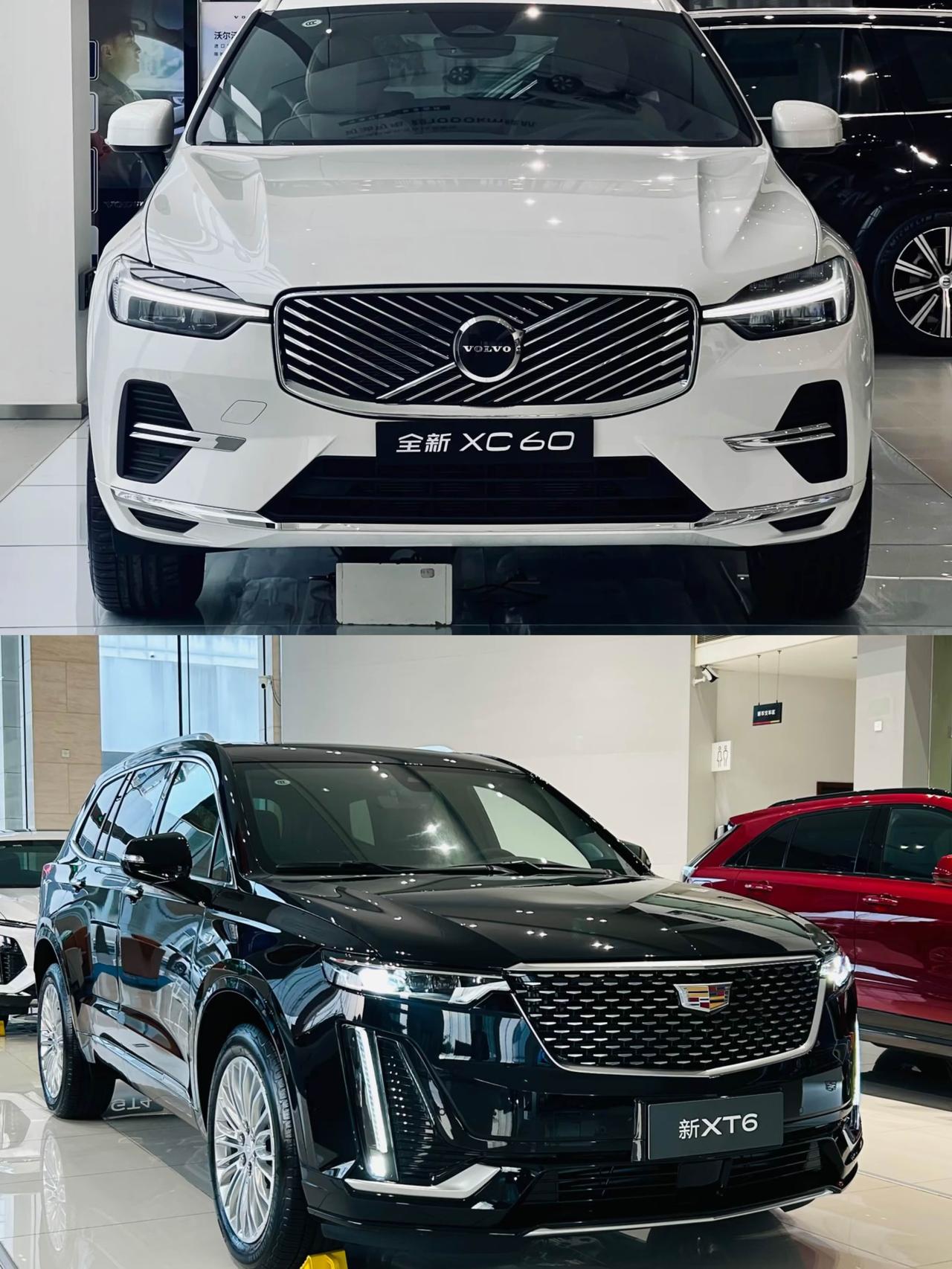 选XC60。
XT6看似大一圈、三排六座，但第三排坐垫离地15 cm、大腿悬空，