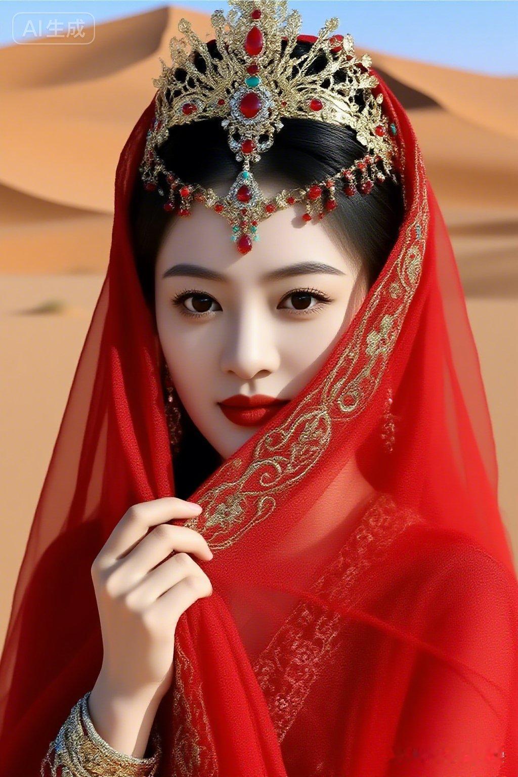 沙漠中的东方美人，红纱飘逸，金冠闪耀！