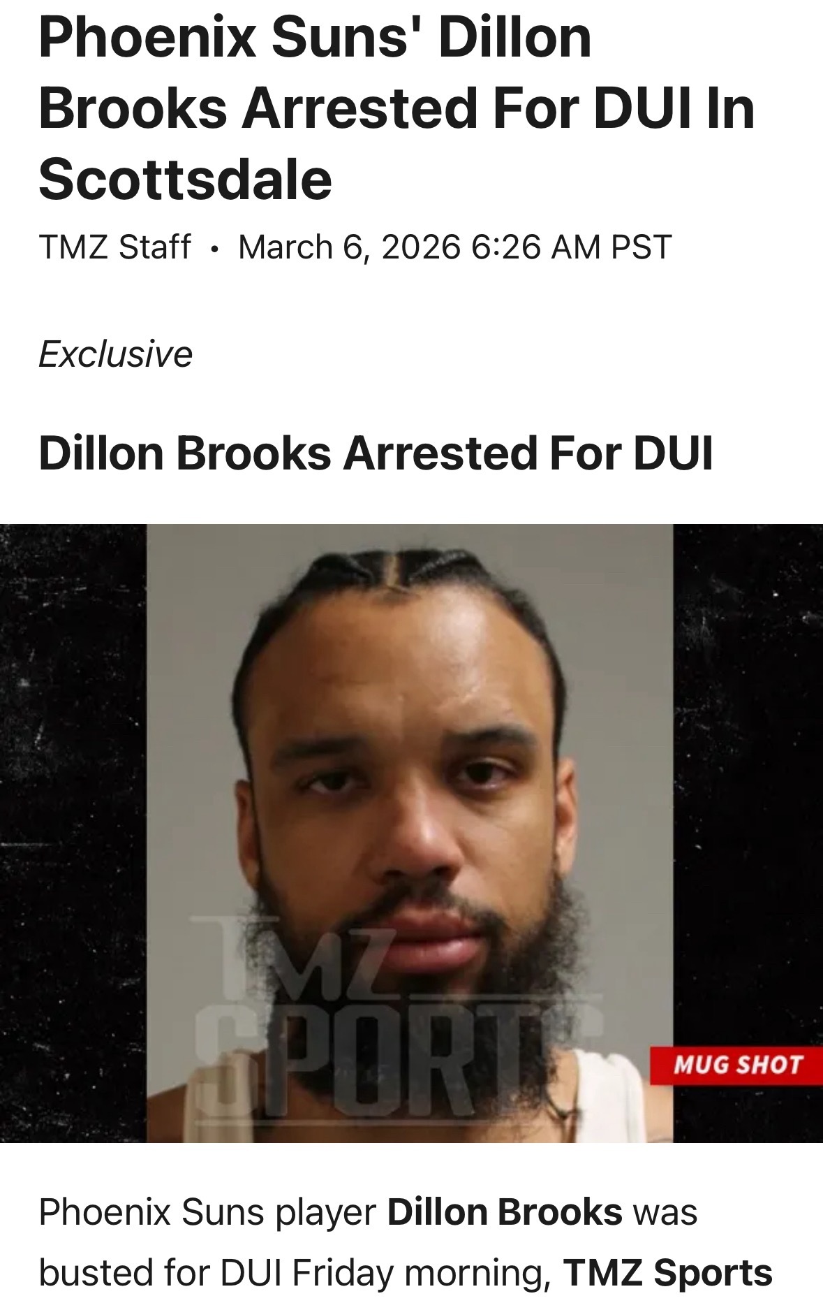 据TMZ体育独家获悉，太阳队球员狄龙-布鲁克斯于周五清晨因酒驾被捕。有关部门向我