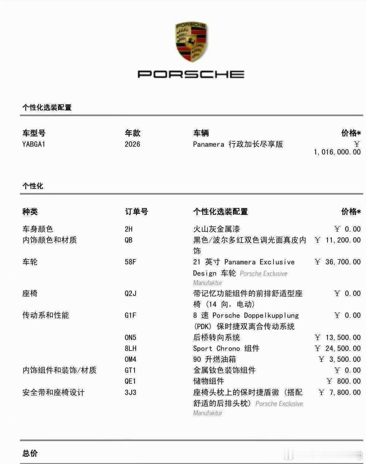 帕纳梅拉 行政加长版 火山灰 波尔多红内 指导价1114000元全款裸车 985