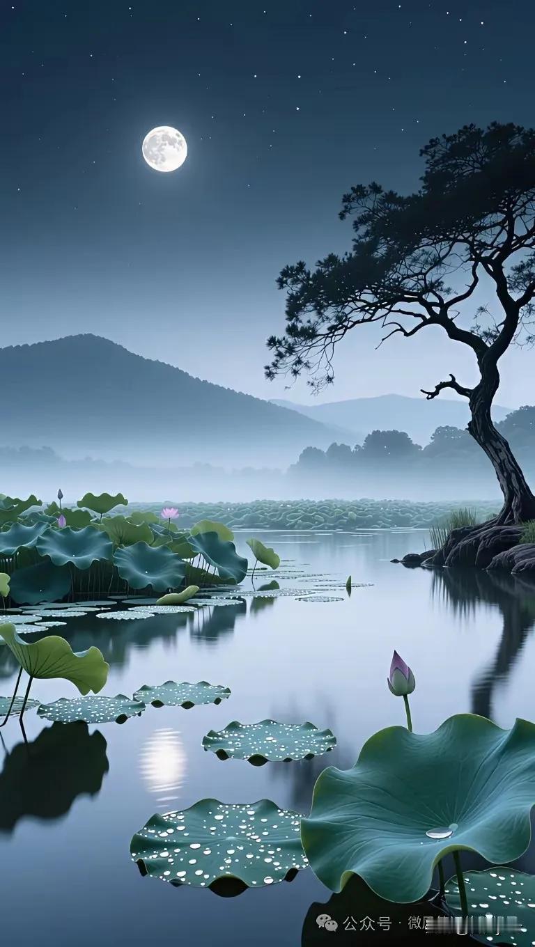 这水墨画太精彩了，万籁俱寂，唯有荷花露在尖尖角，和周围大山，树木相映成趣，形成一