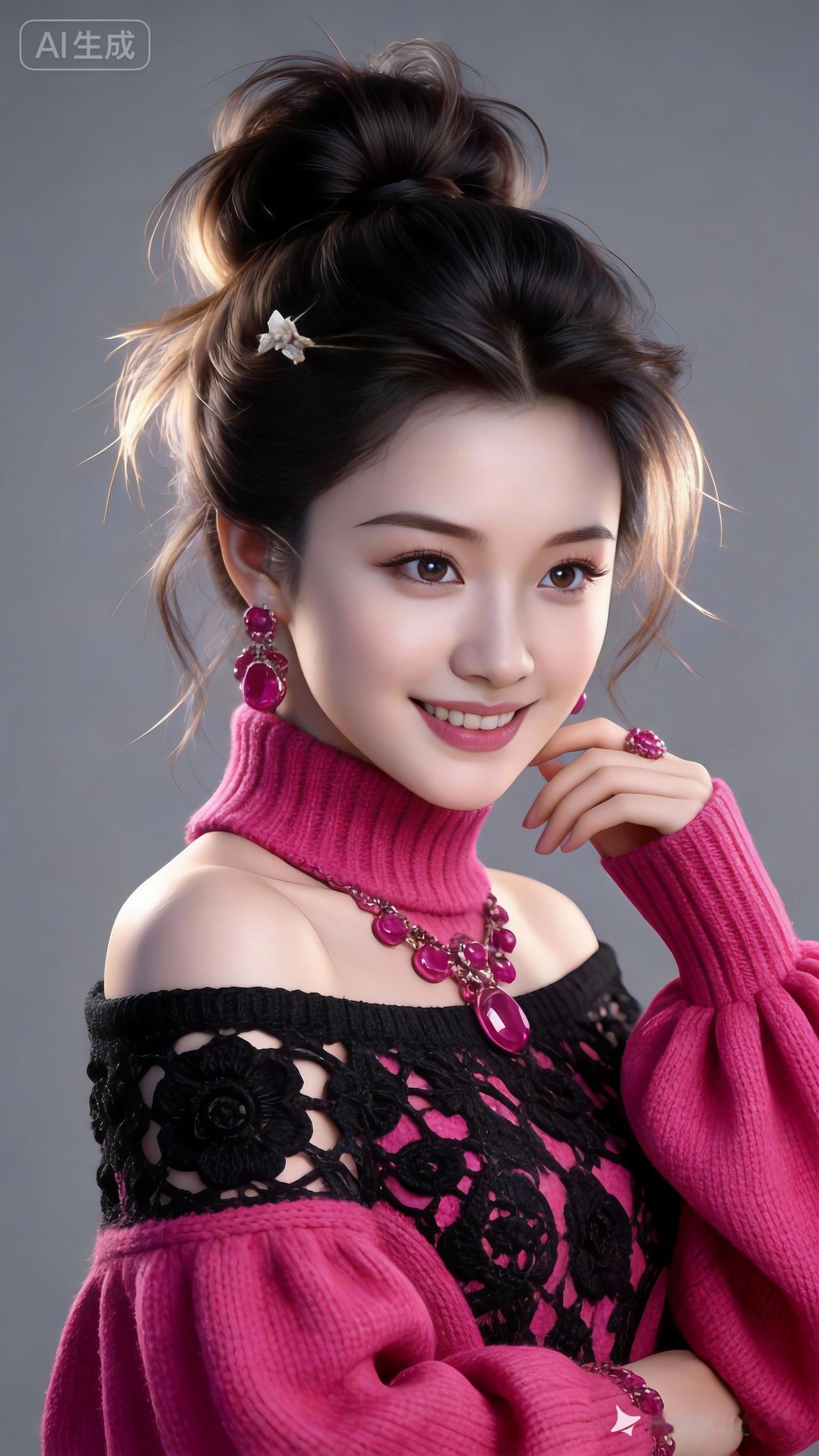 专业人像摄影，美女优雅姿态多变，黑棕微乱高盘发带碎发、边缘镶光，发丝柔顺有光泽，