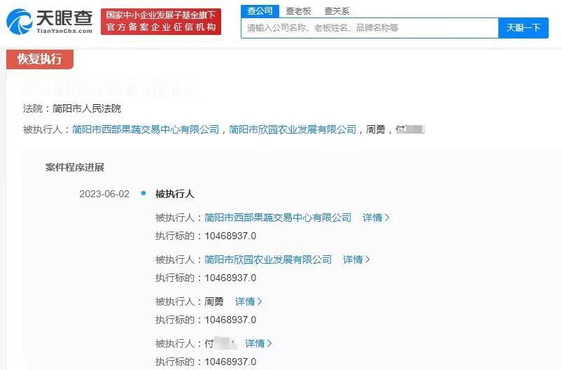  天眼查App显示，近日，周勇、简阳市西部果蔬交易中心有限公司、简阳市欣园农业发