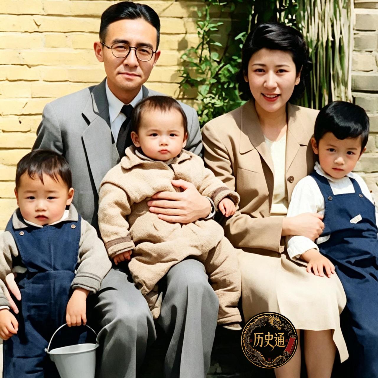 这是建筑学家梁思成与儿媳周如枚，还有孩子们在一起。周如枚是梁思成儿子梁从诫的媳妇