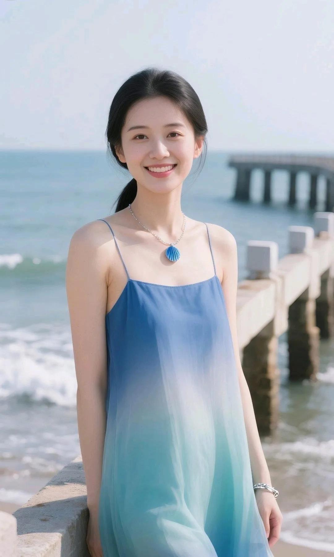 海边漫步，轻盈蓝裙，微笑如阳光。
