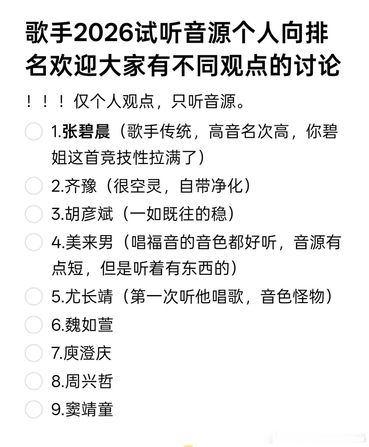 歌手2026听源个人向排名欢迎大家来讨论 