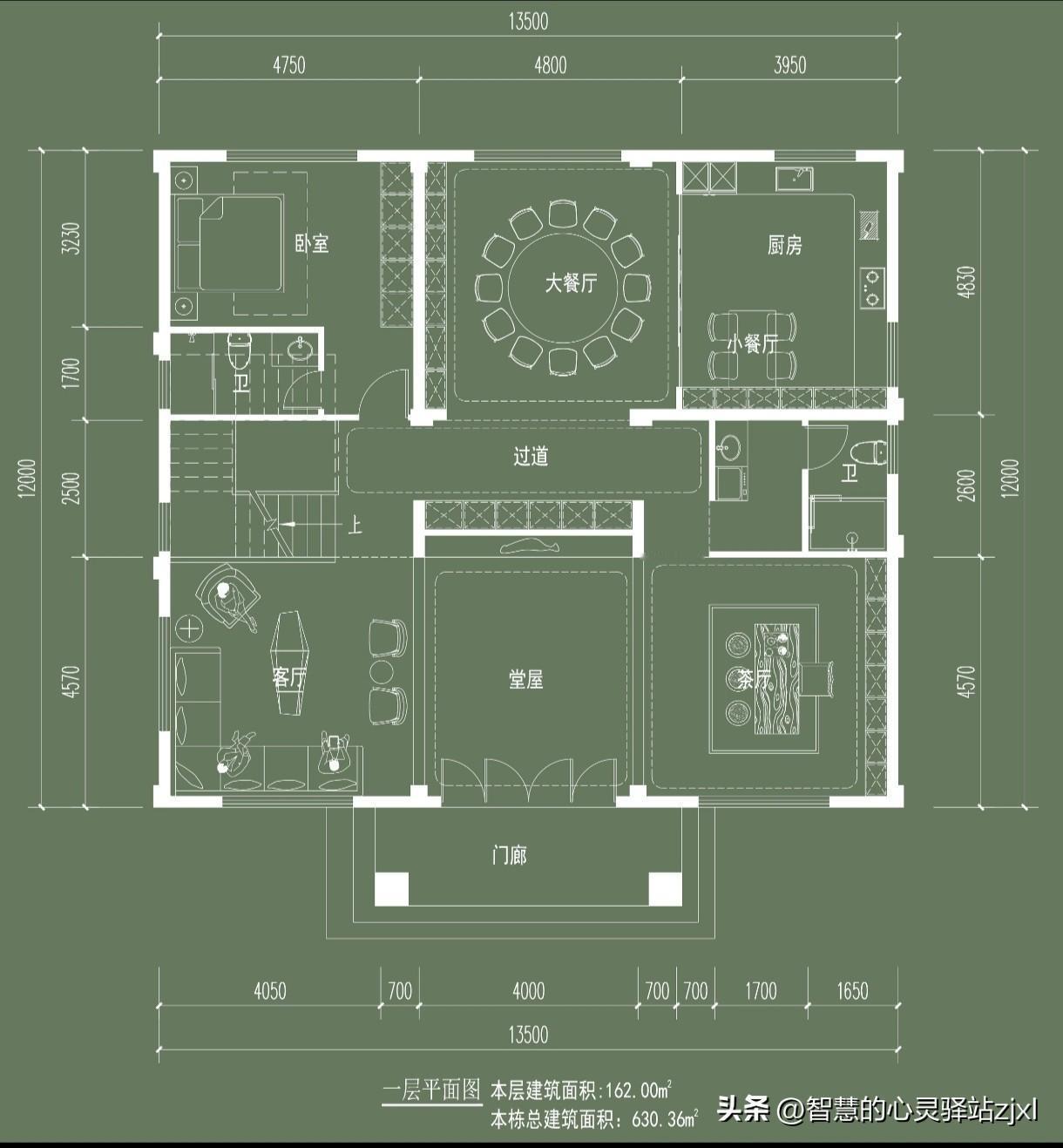 这款户型绝了，堪称完美户型！

开间13.5米，进深12米，建四层。

一楼: 