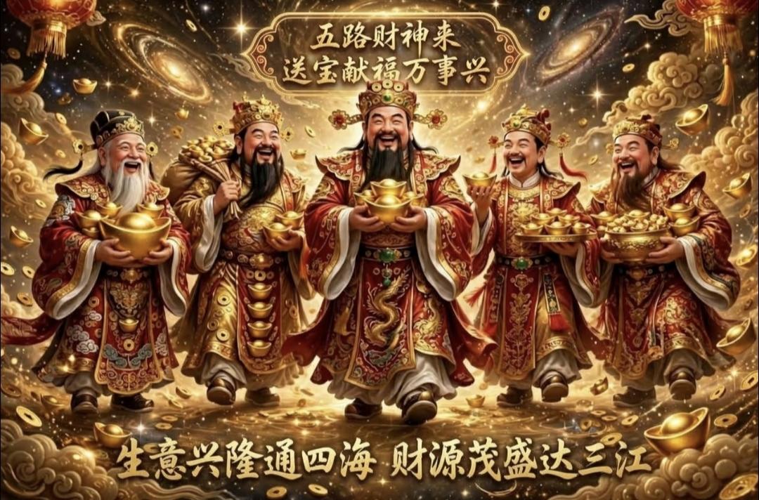 五路财神齐聚门，金山银山映福光！接稳这泼天好运，愿你生意兴隆通四海，财源茂盛达三