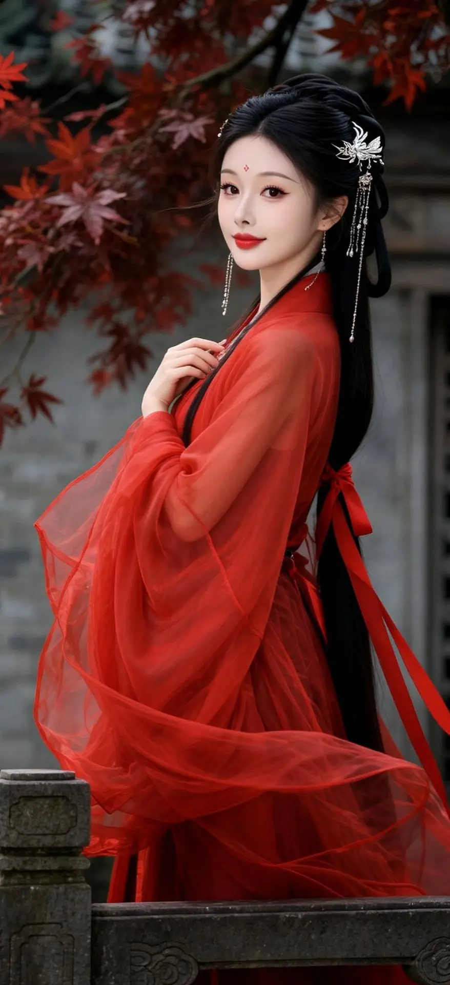 AI红衣古风写真感 ai创作 红枫汉服 汉服枫叶 古风写真