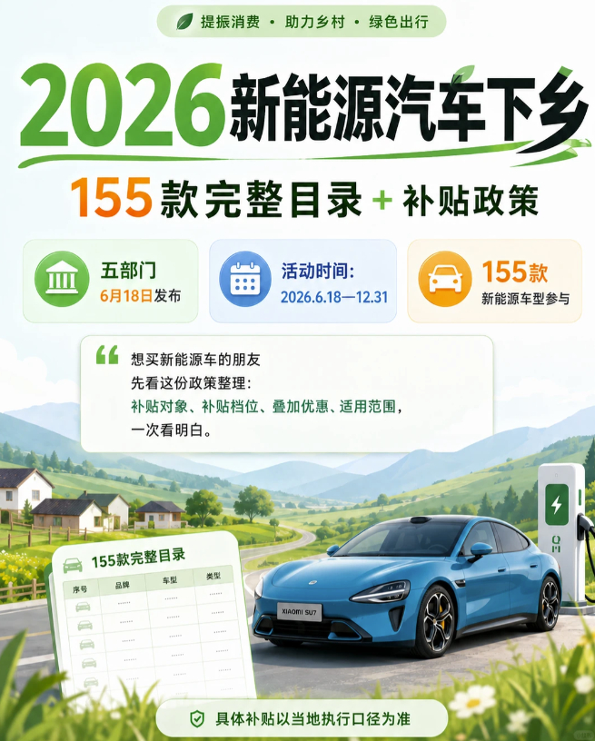 政策再加码。 五部门联合开展2026年新能源汽车下乡活动，精选可靠车型，落实车购