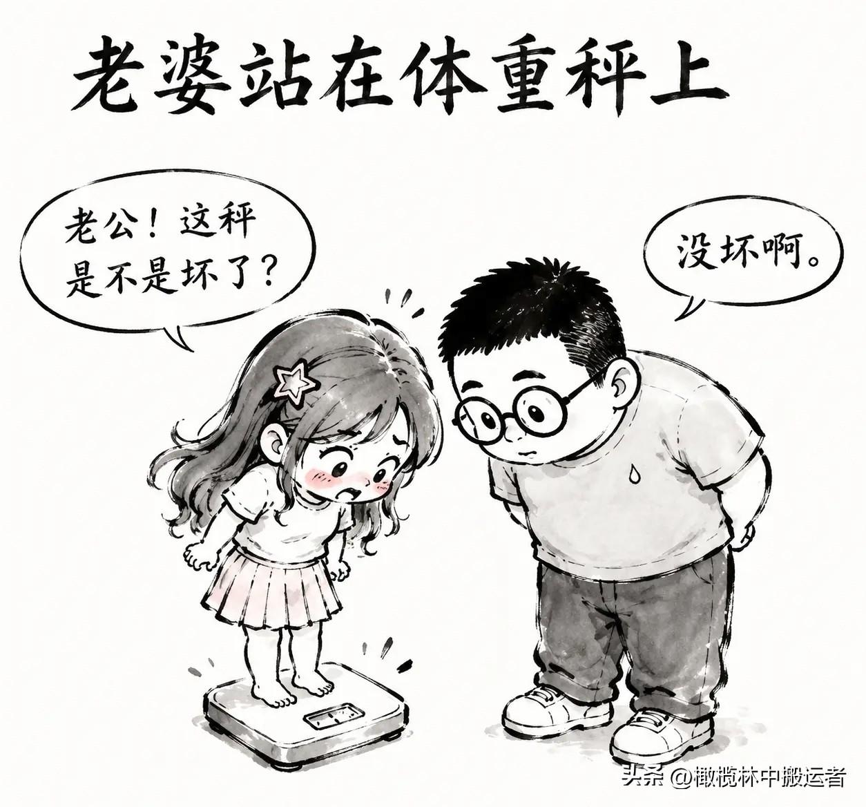 分享你喜欢的漫画：老婆站体重秤上：“老公！这秤是不是坏了？”我：“没坏啊。”老婆