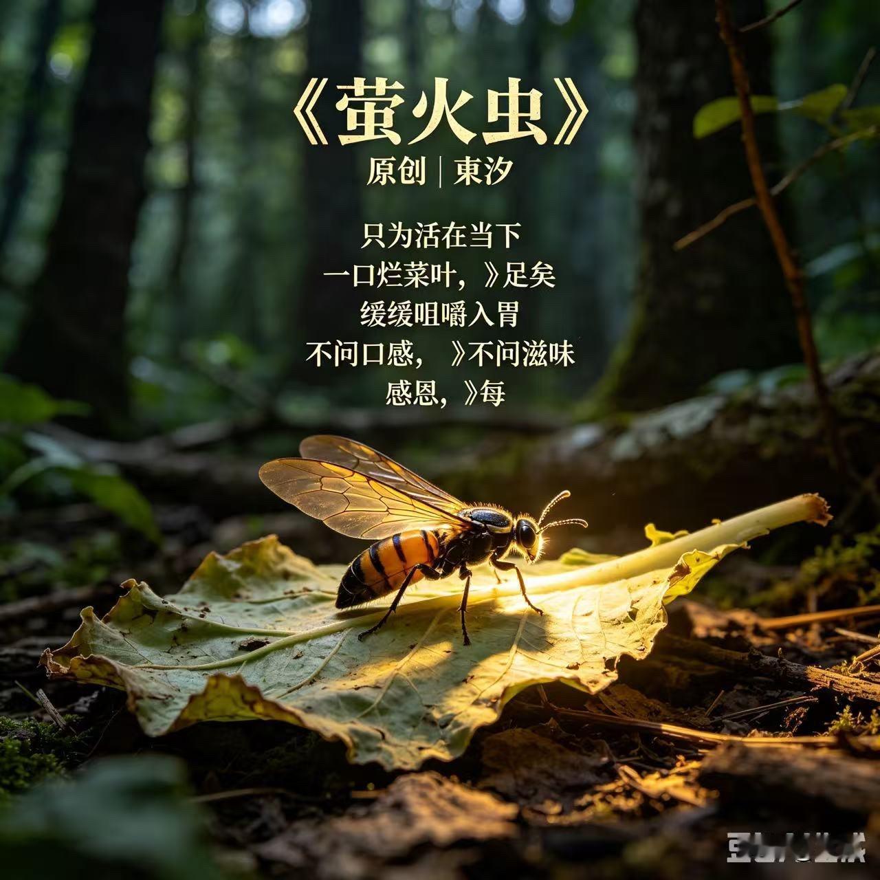 萤火虫
原创｜東汐

只为活在当下
一口烂菜叶，足矣
用力咀嚼，入胃
不问口感，