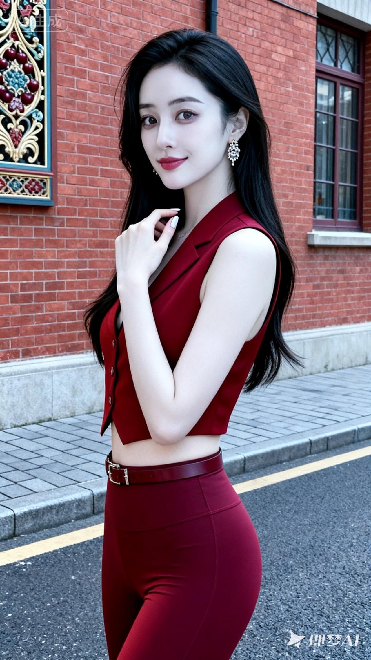 红衣少女，优雅迷人，红砖背景，时尚穿搭