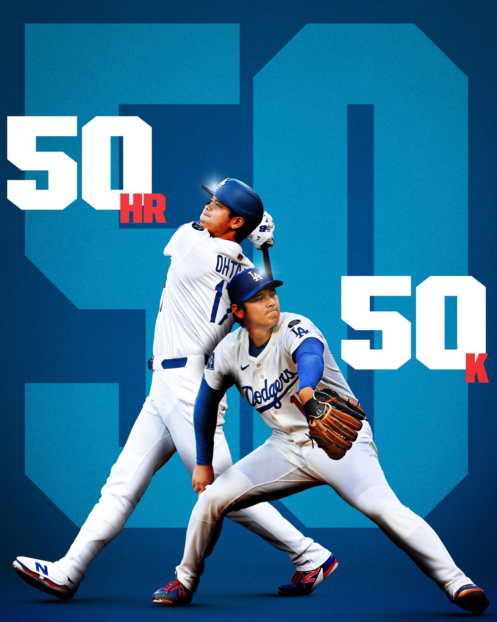 MLB洛杉矶道奇 赛季背靠背“50+50”，去年是50轰+50盗，今年是50轰+
