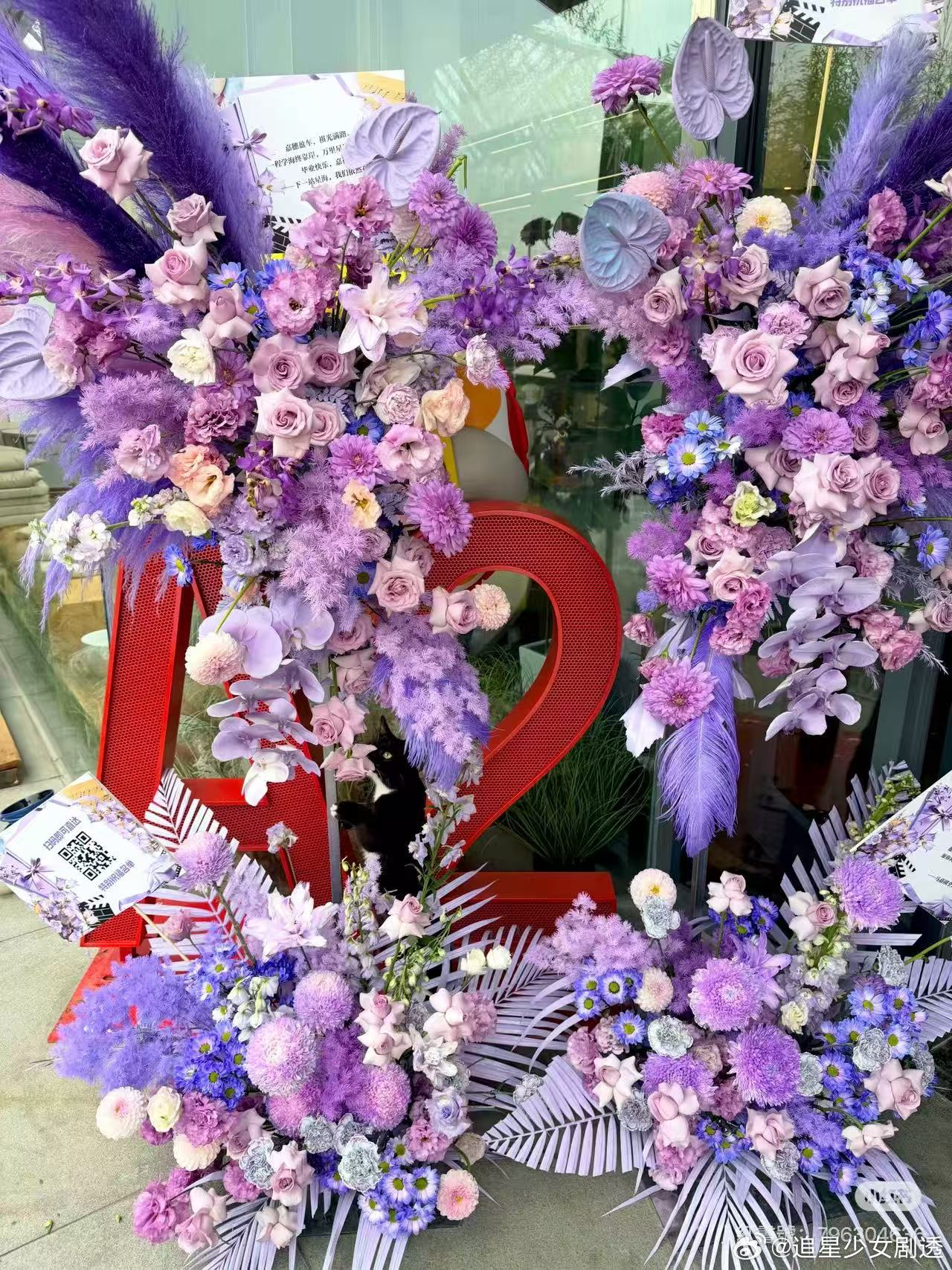 马嘉祺毕业典礼花篮应援 很难见到这么用心的毕业应援，统一温柔紫色打造整片花海，花