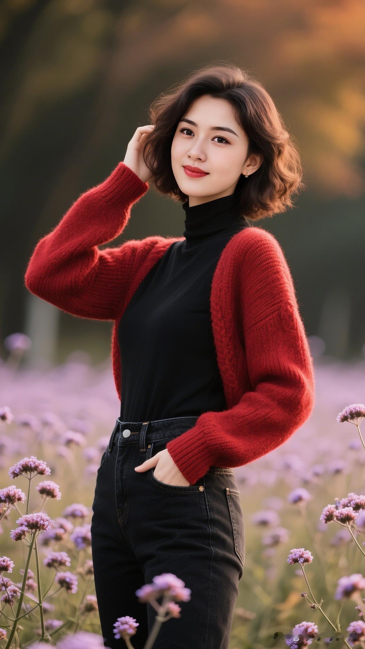 红袖添香夜，花间笑语长。好身材的定义是什么？ 秋日暖阳下，红衣少女漫步花海，温柔