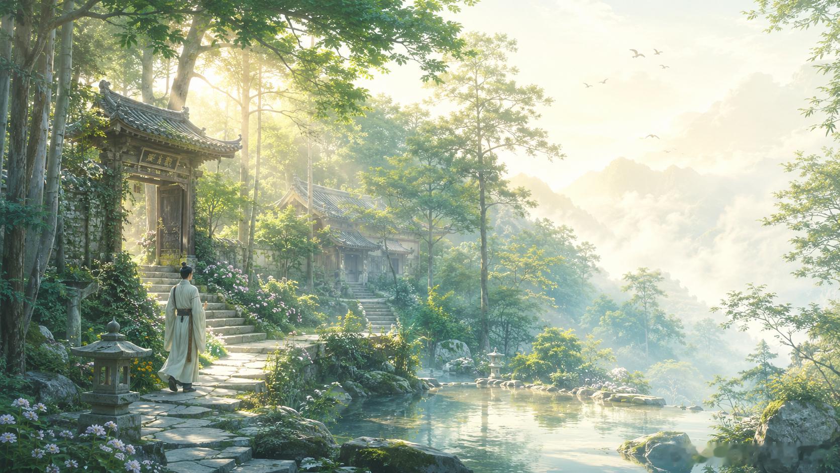 题破山寺后禅院--常建清晨入古寺，初日照高林。曲径通幽处，禅房花木深。山光悦鸟性