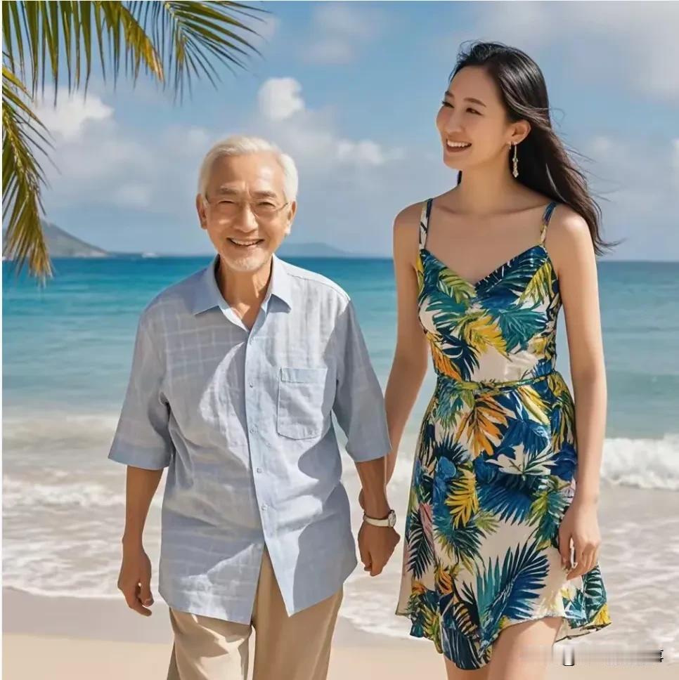 两人手牵手在海滩上漫步，背景是一片碧蓝的大海和晴朗的天空，天空中飘着几朵白云，沙