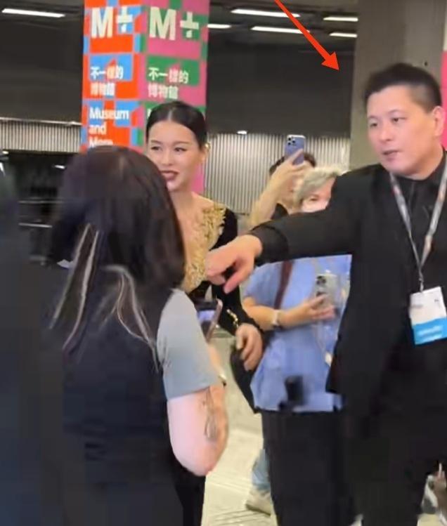 港姐胡杏儿一身黑色晚礼服出席活动，女粉丝抢拍被帅气高大保镖推搡制止！盛装出席活动