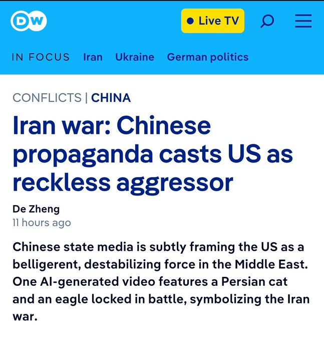 德媒：伊朗战争，中国宣传将美国描绘为鲁莽的侵略者啊……不然呢？ 
