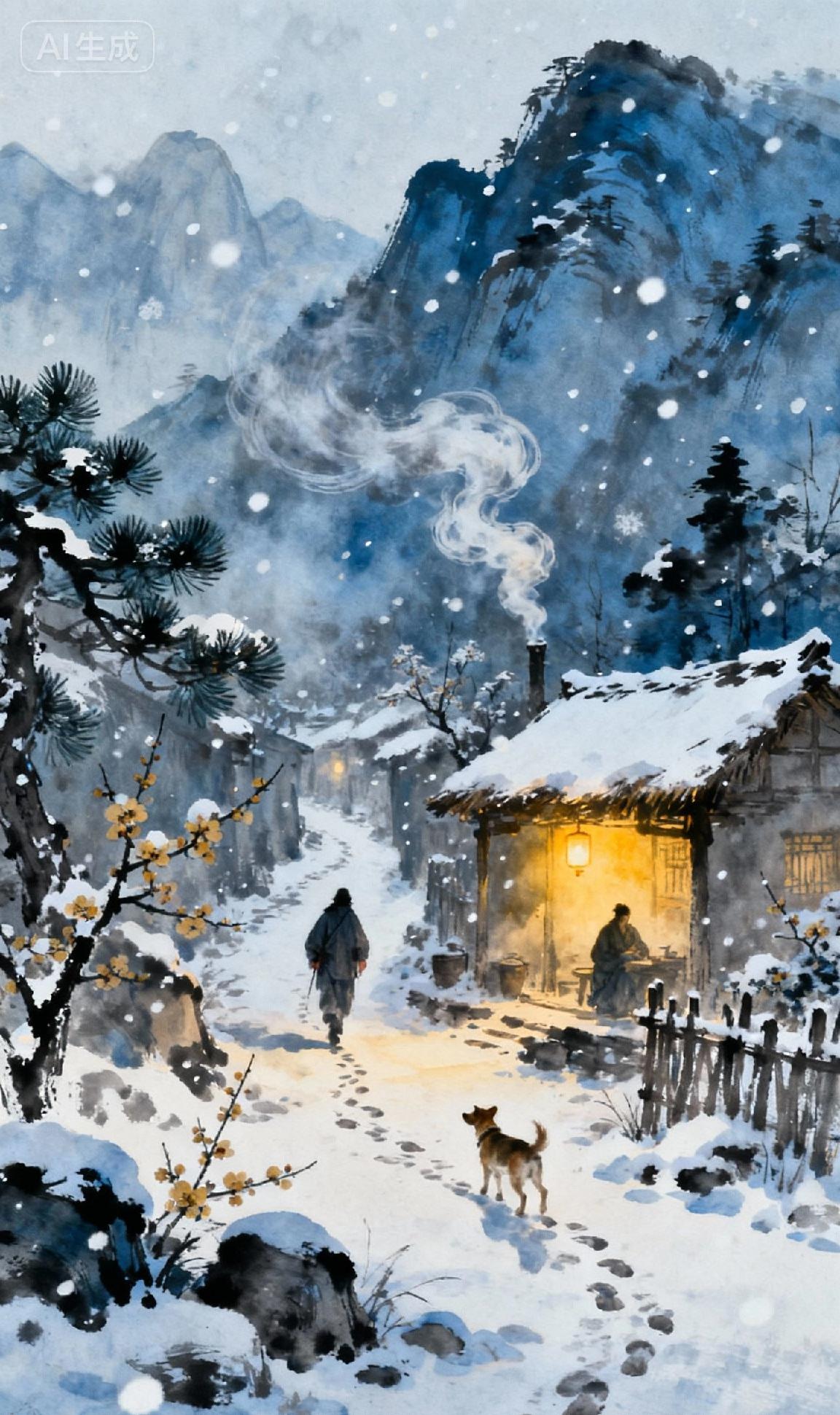 朔风卷地雪如龙，呵手行穿数里峰。  
深巷灯昏归客晚，短篱犬吠野烟浓。  
千山