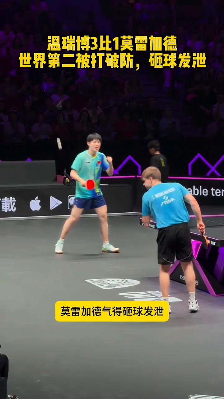 温瑞博3比1莫雷加德，世界第二被打破防，砸球发泄。
世界第二被打破防，莫雷加德气