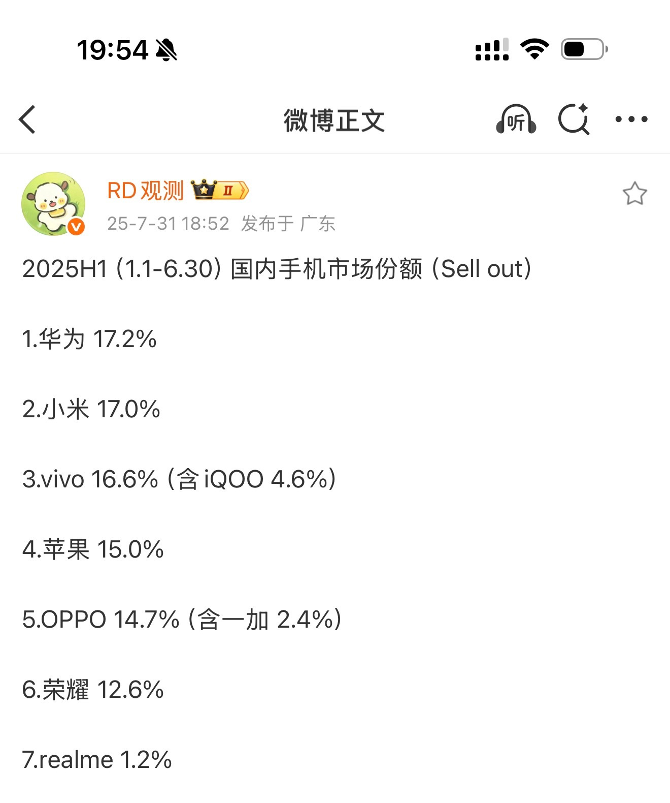 2025国内上半年手机市场份额 ：华为第一、小米第二、vivo 第三，苹果都给干