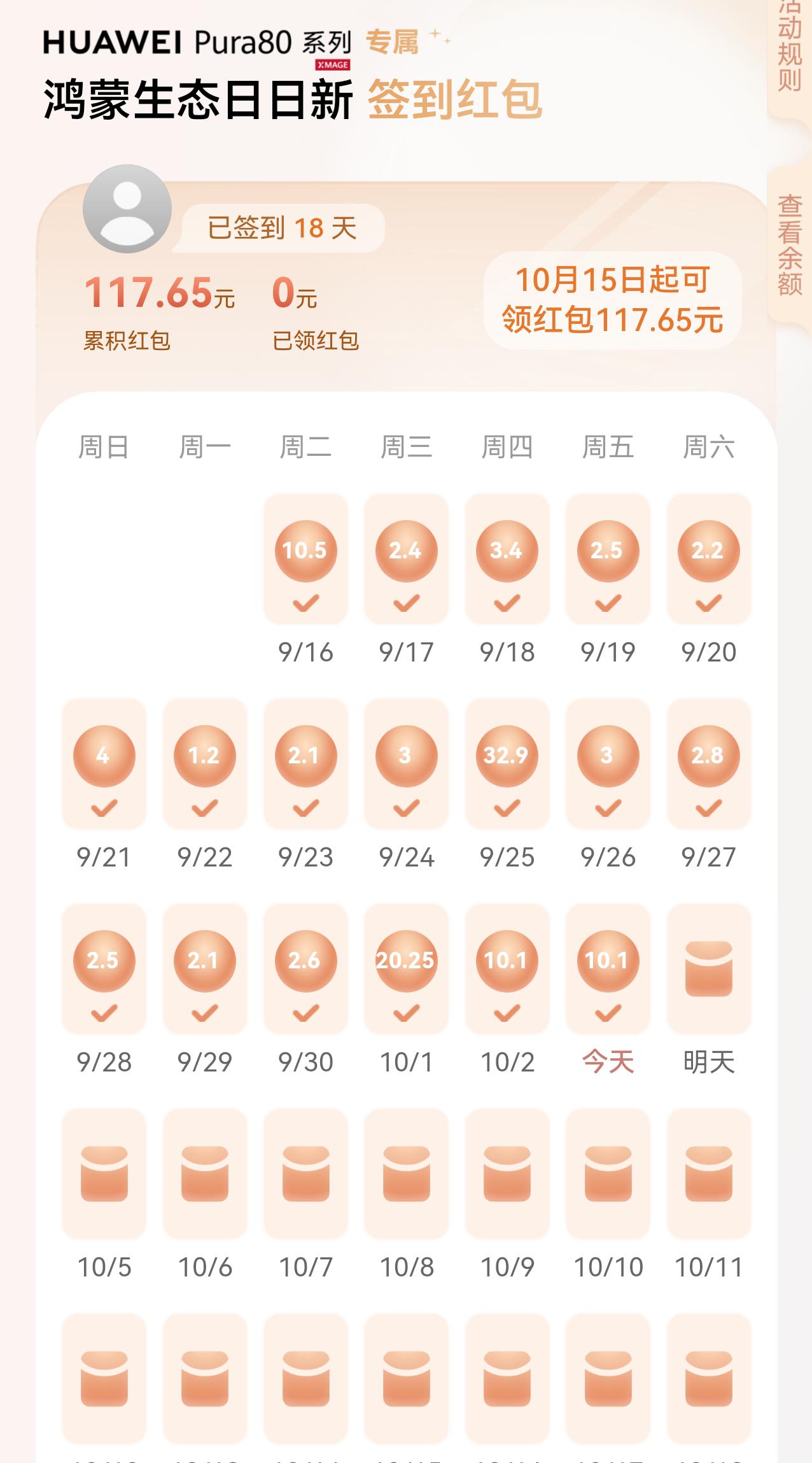 国庆节华为真给力，鸿蒙日日新签到红包日日过十。
国庆前的十五天，我的签到红包只有